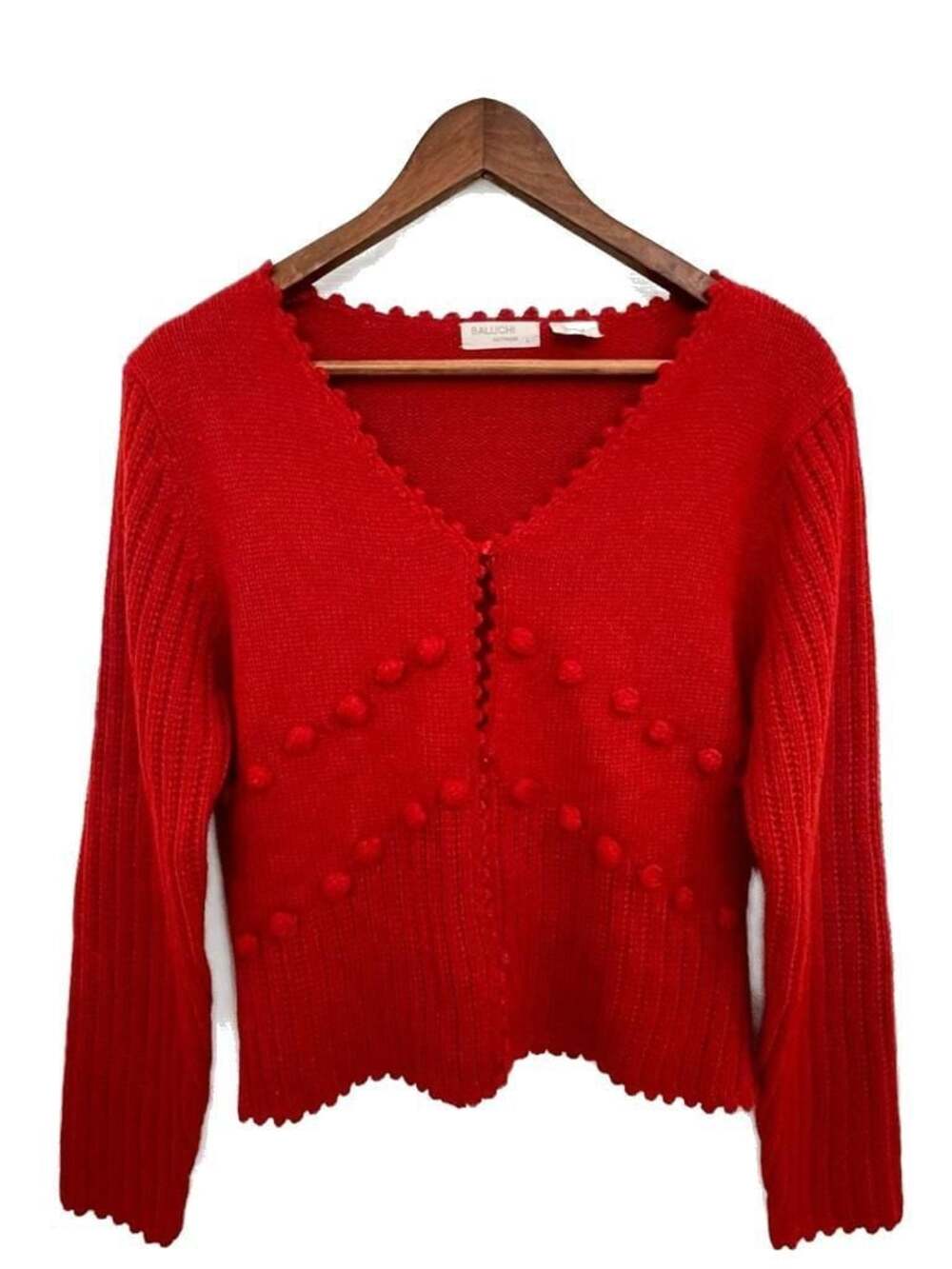 Vtg Baluchi Red V-Neck Popcorn Knit Cardigan Sweater with Scalloped Trim